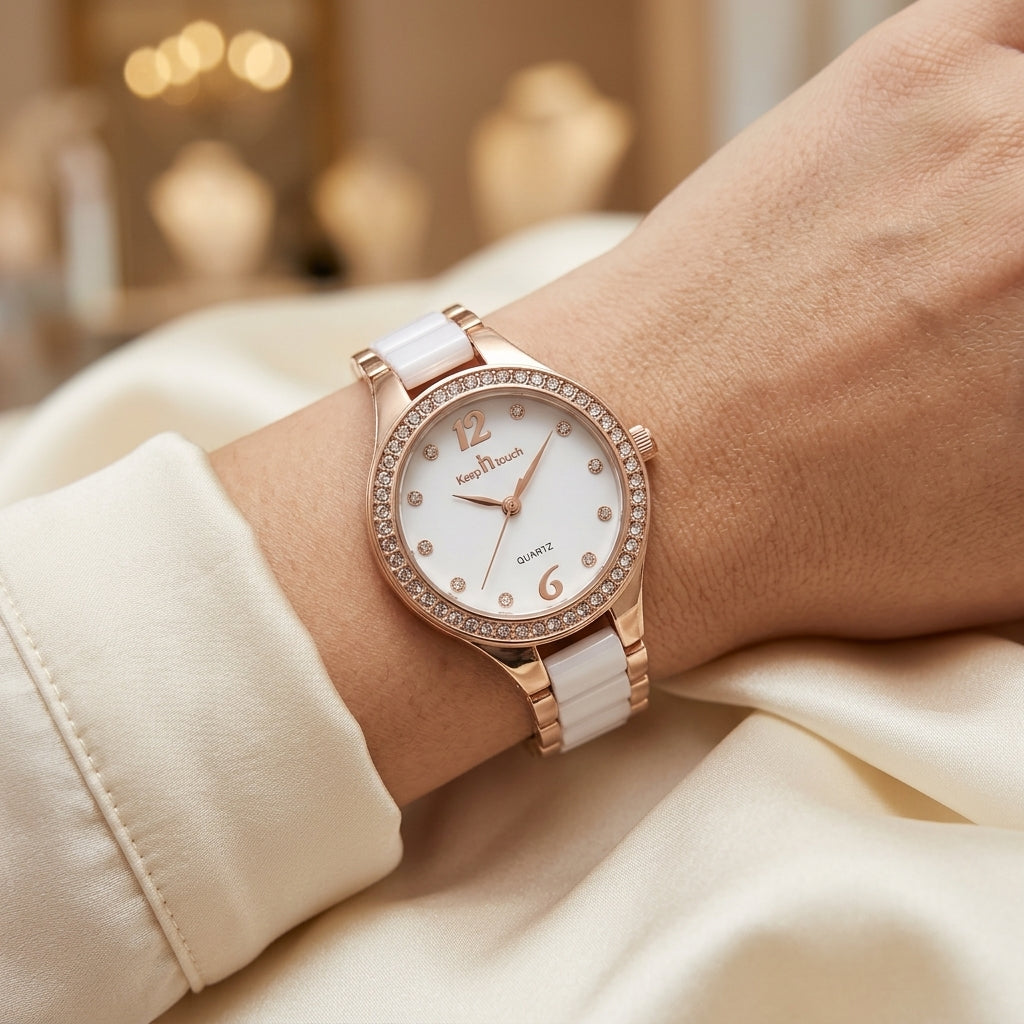 Montre Femme Céramique Blanche Sertie de Strass – or rose et céramique blanche, portée au poignet