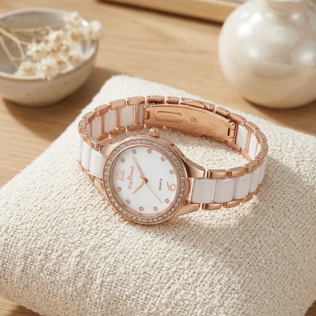 Montre Femme Céramique Blanche Sertie de Strass – or rose et céramique blanche, cadran blanc