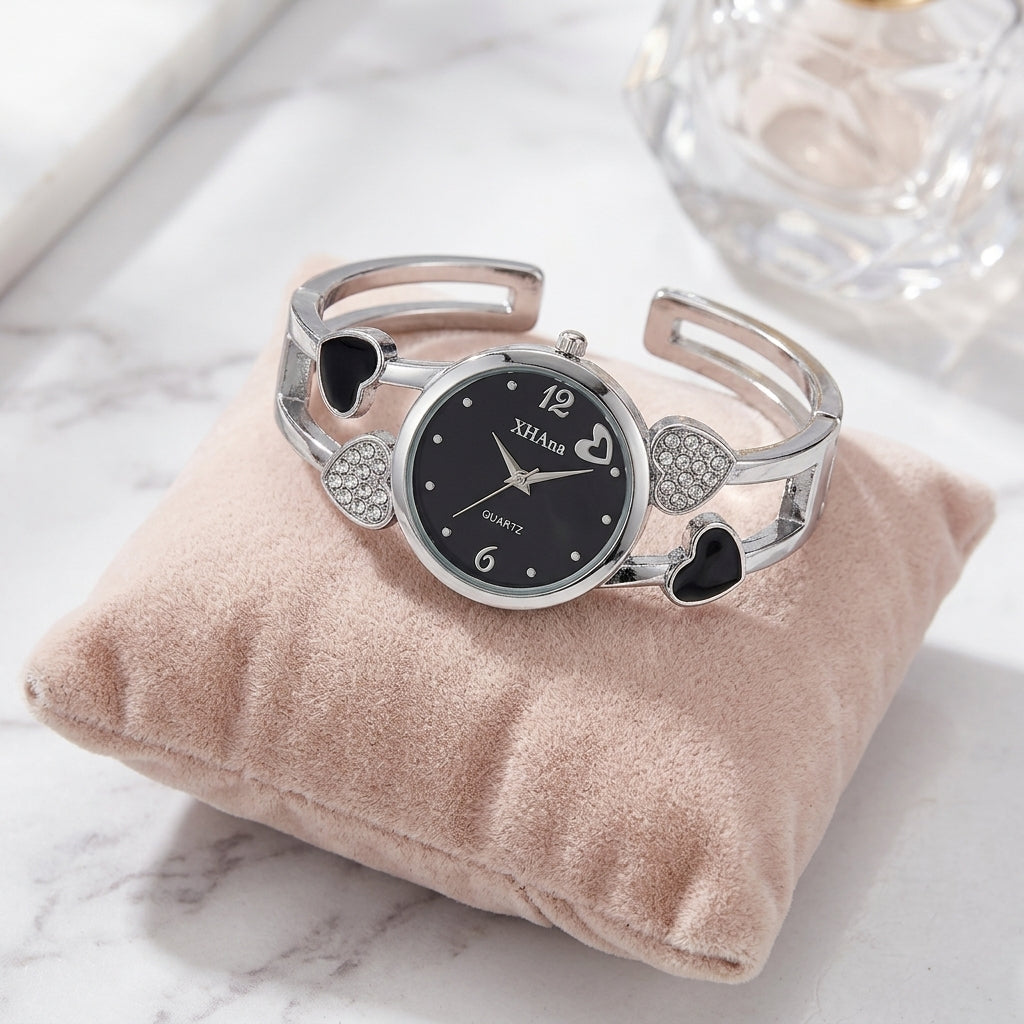 Montre Bracelet Jonc Femme Cœurs et Strass – jonc argenté, cadran noir, cœurs noirs et strass