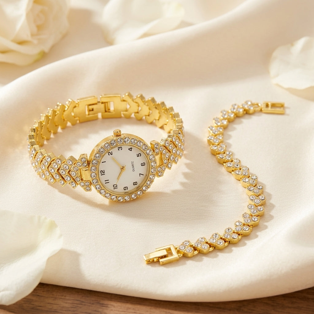 Montre Femme Strass et Bracelet Cœurs Assorti – set montre + bracelet cœurs, or