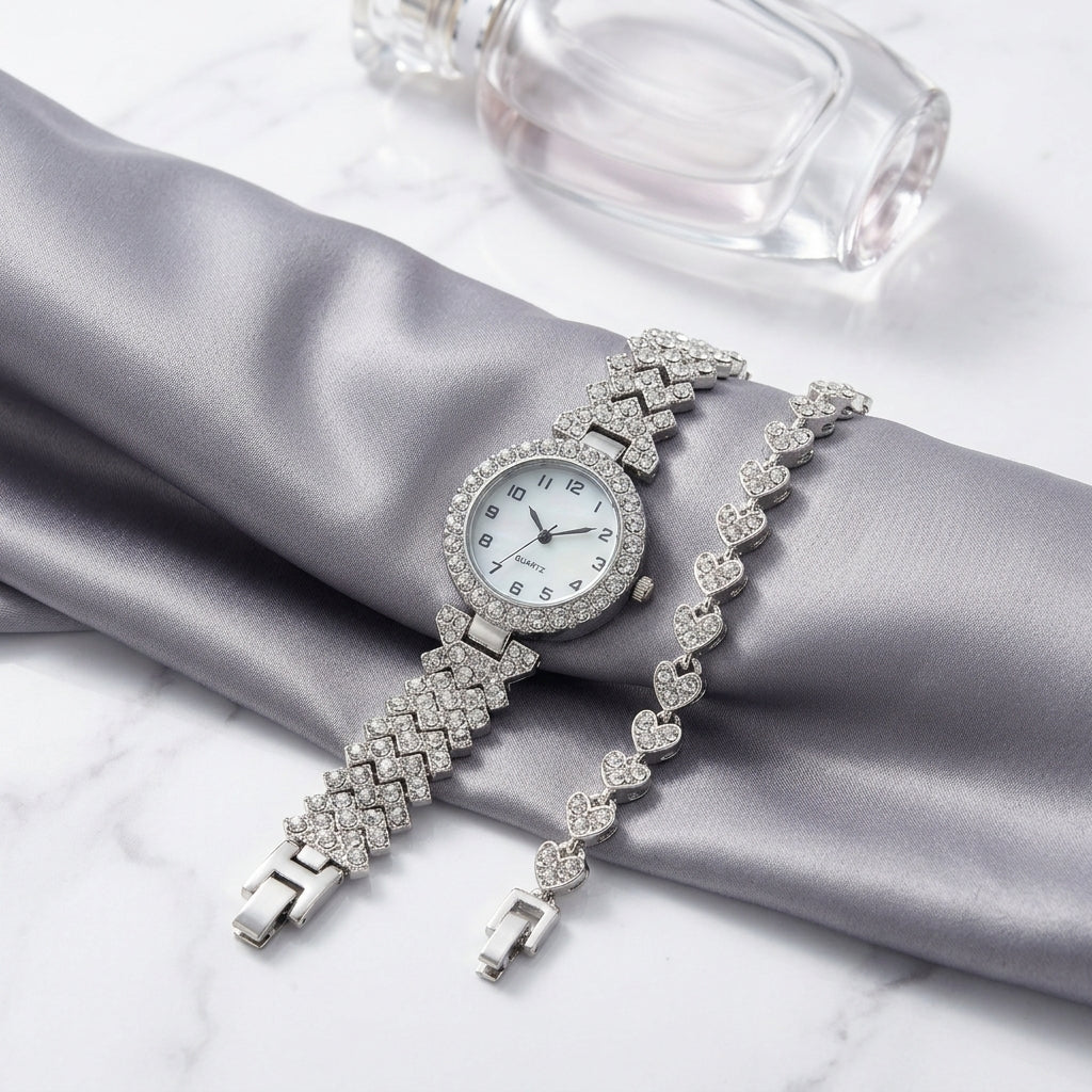 Montre Femme Strass et Bracelet Cœurs Assorti – set montre + bracelet cœurs, argent