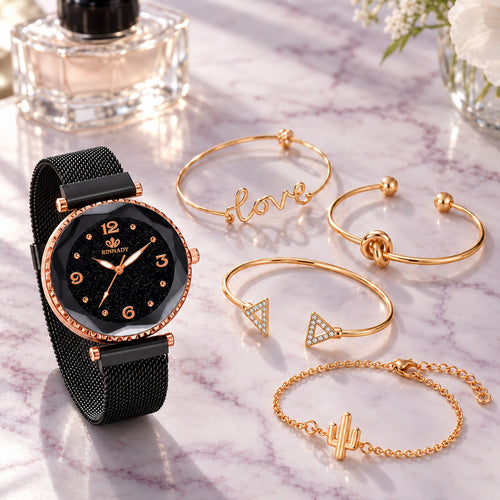 Coffret Montre Femme Ciel Étoilé et Joncs Dorés – maille noire + 4 joncs dorés