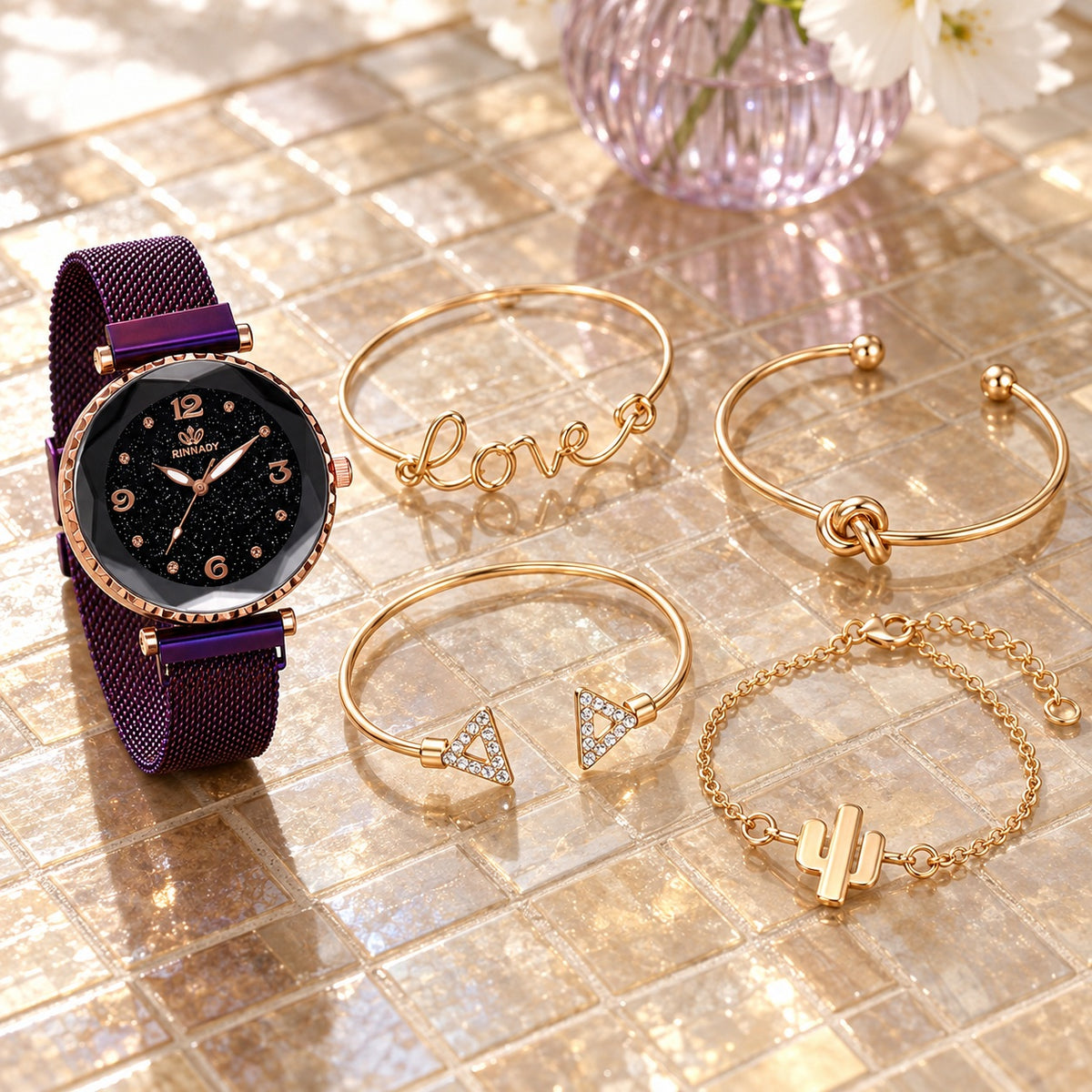 Coffret Montre Femme Ciel Étoilé et Joncs Dorés – maille violette + 4 joncs dorés