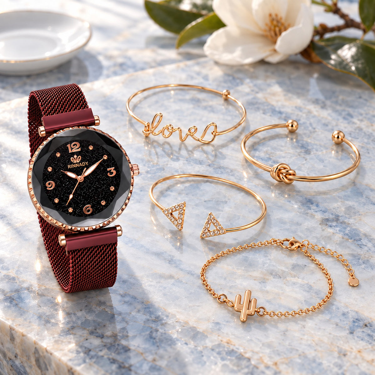 Coffret Montre Femme Ciel Étoilé et Joncs Dorés – maille bordeaux + 4 joncs dorés