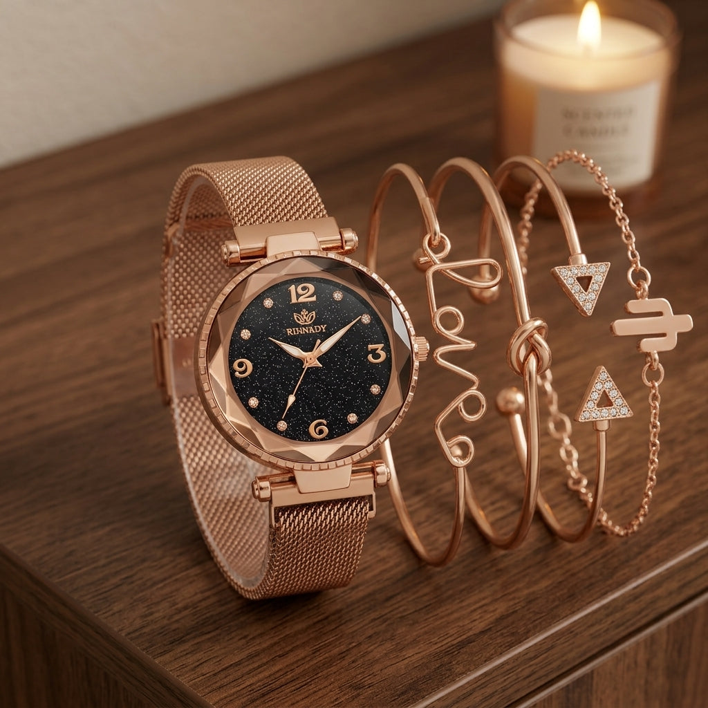 Coffret Montre Femme Ciel Étoilé et Joncs Dorés – maille or rose + 4 joncs dorés
