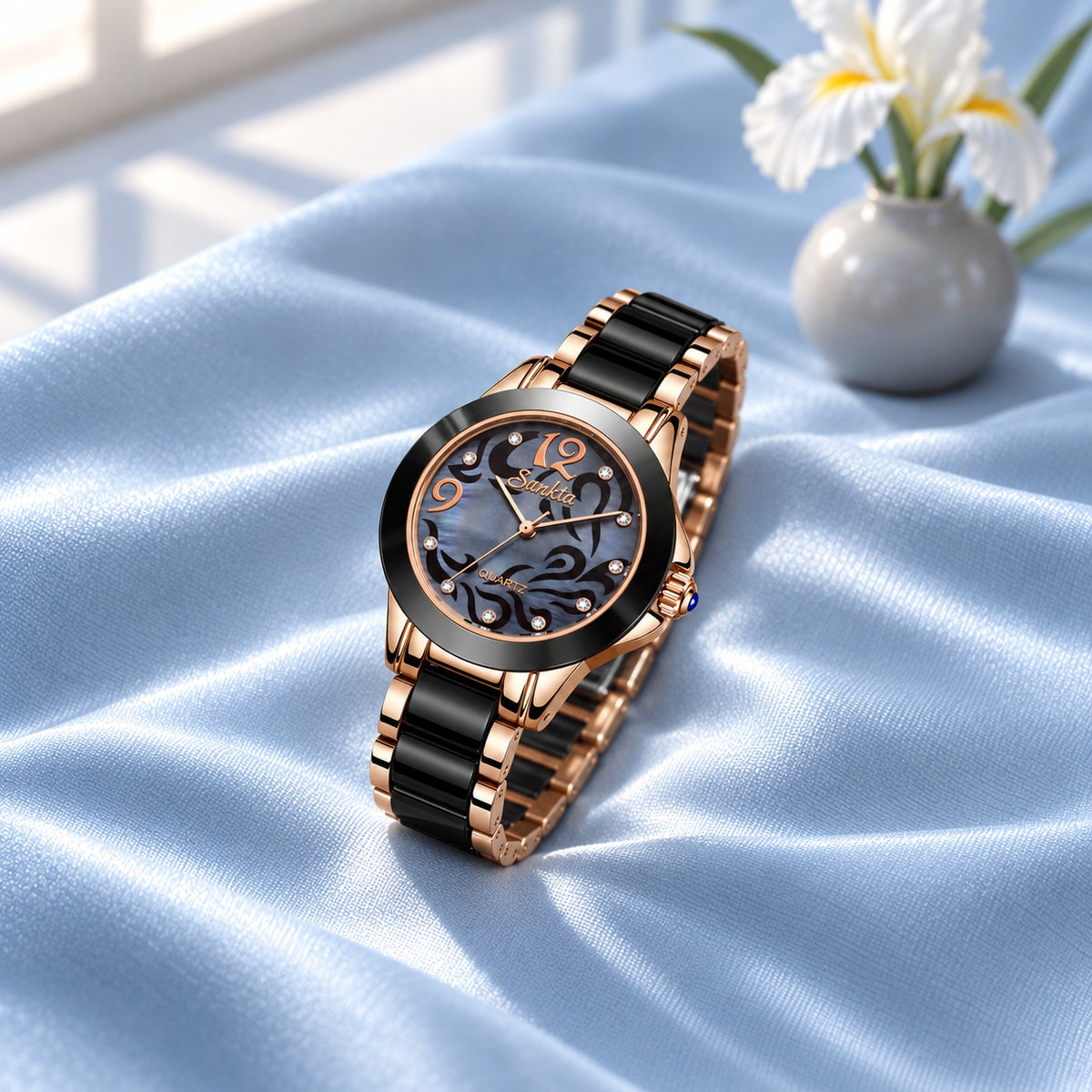 Montre Femme Céramique Cadran Nacré – or rose et céramique noire, cadran nacré sombre
