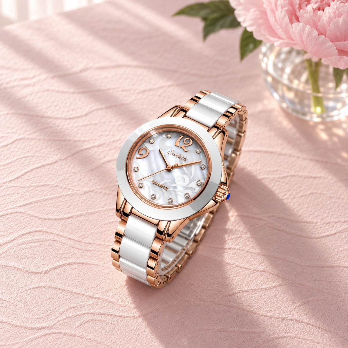 Montre Femme Céramique Cadran Nacré – or rose et céramique blanche, cadran nacré blanc