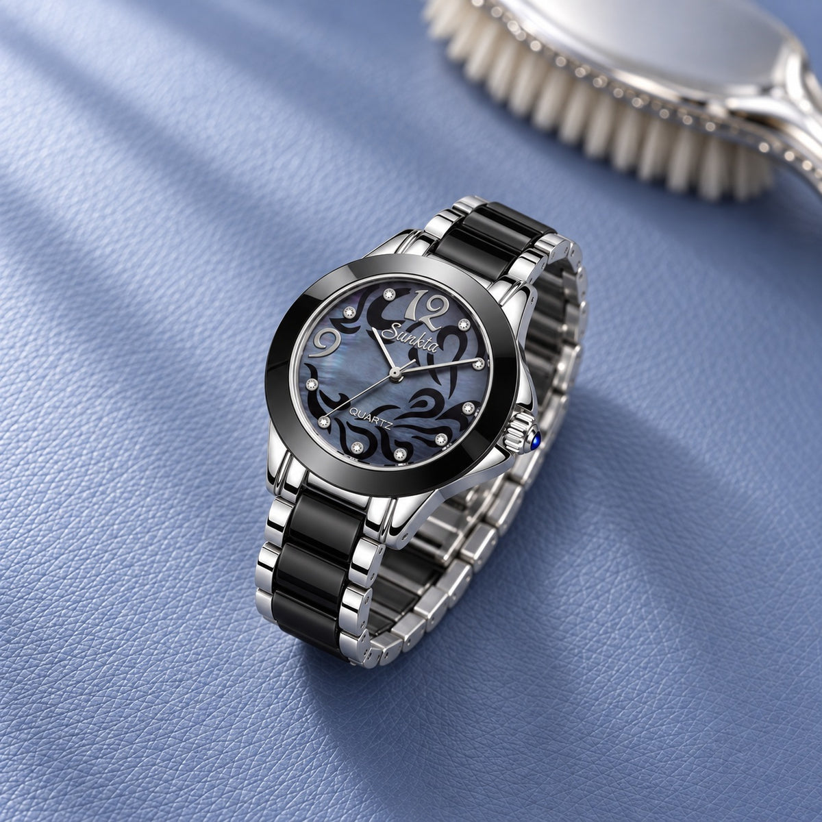 Montre Femme Céramique Cadran Nacré – argent et céramique noire, cadran nacré sombre