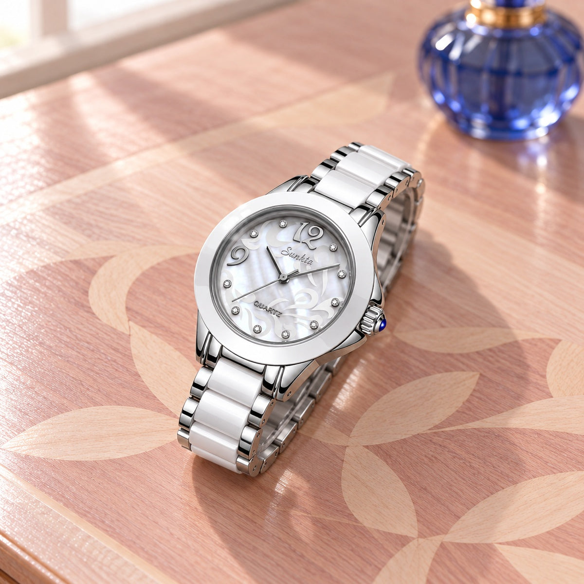 Montre Femme Céramique Cadran Nacré – argent et céramique blanche, cadran nacré blanc