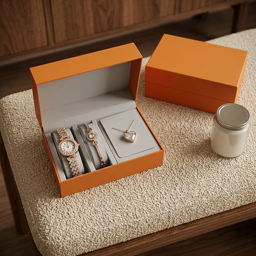 Coffret Cadeau Femme Montre, Bracelet et Collier – set doré (montre, bracelet, collier) dans l'écrin orange