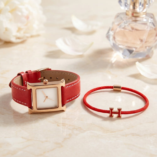 Coffret Montre Femme et Bracelet Saint-Valentin – montre carrée dorée cadran blanc cuir rouge + bracelet rouge