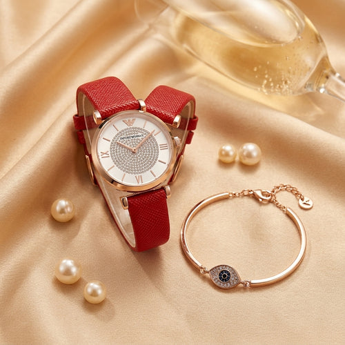Coffret Montre Femme et Bracelet Saint-Valentin – montre cadran blanc strass bracelet cuir rouge + bracelet breloque