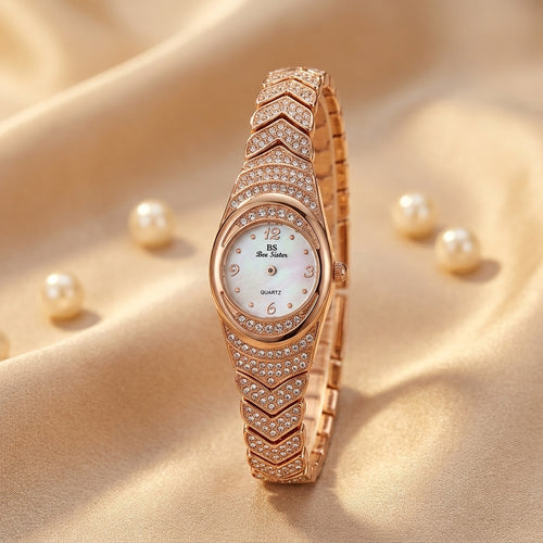Montre Bijou Femme Ovale Sertie de Strass – or rose, cadran nacré