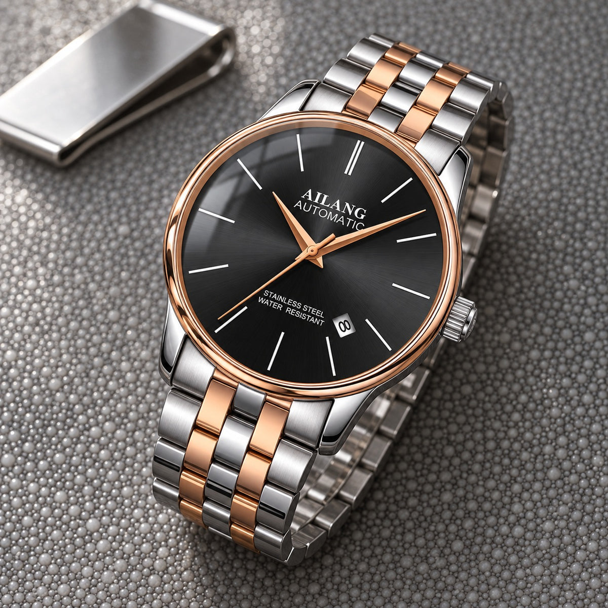 Montre Homme Squelette Luxe Acier – bicolore or rose, cadran noir