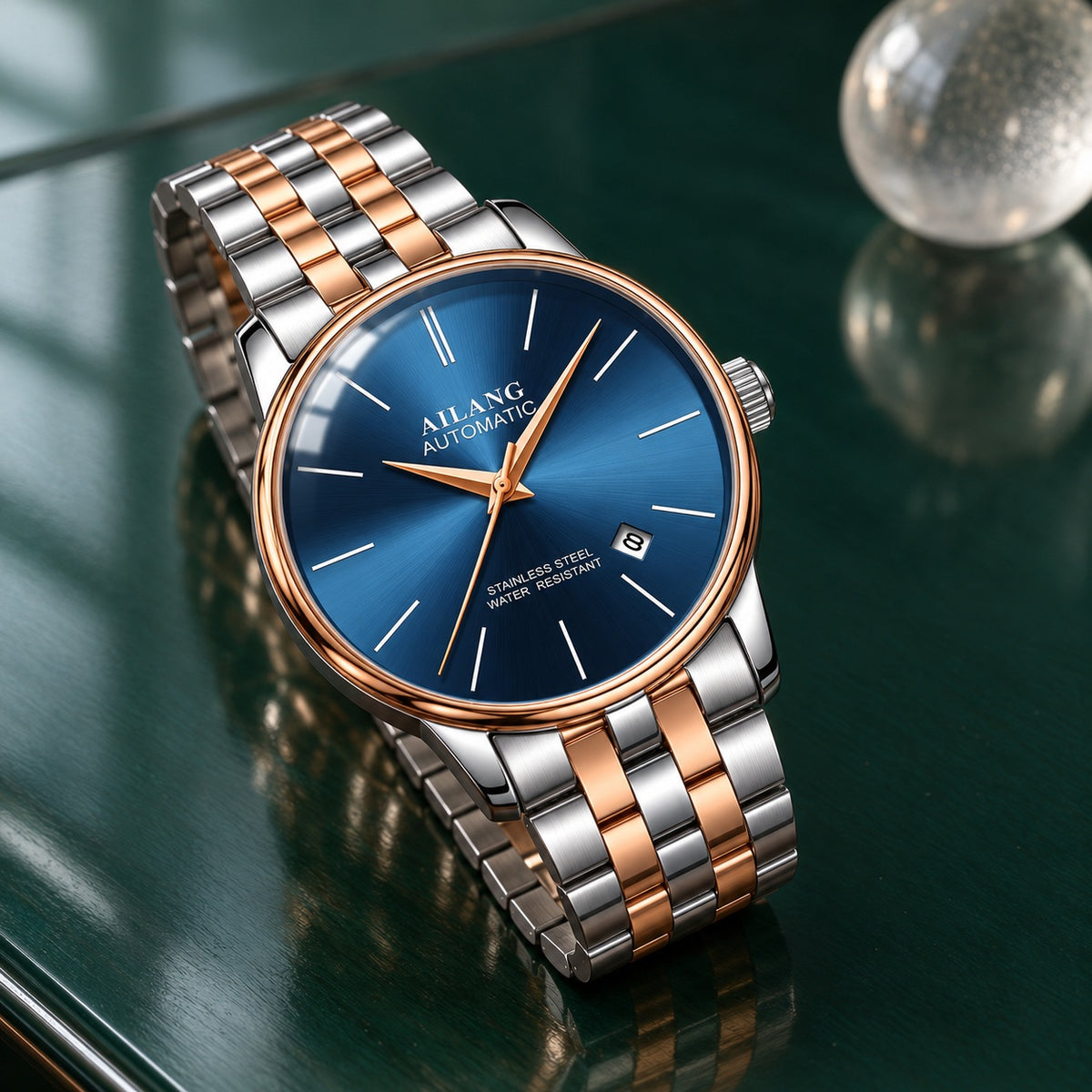 Montre Homme Squelette Luxe Acier – bicolore or rose, cadran bleu