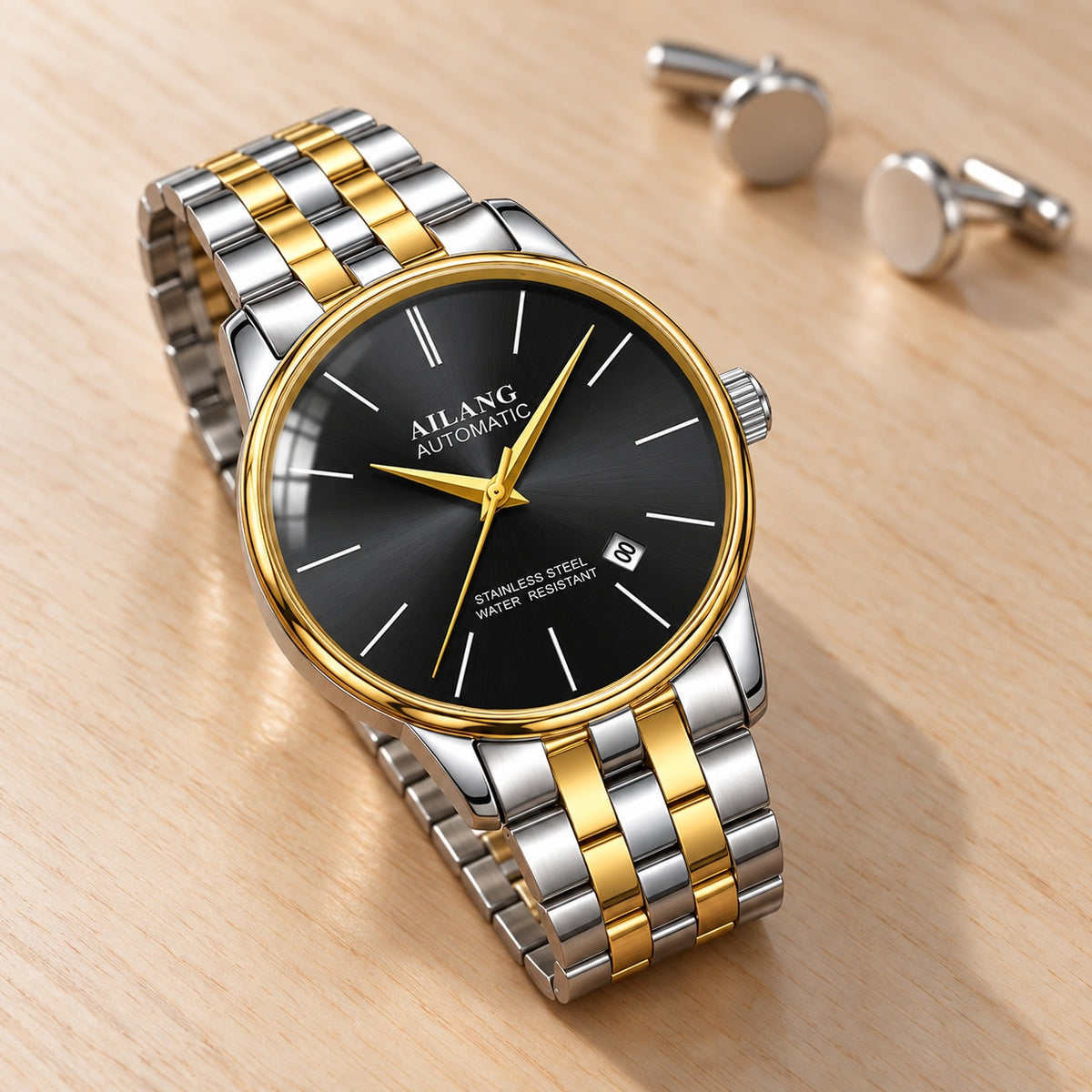 Montre Homme Squelette Luxe Acier – acier bicolore or, cadran noir