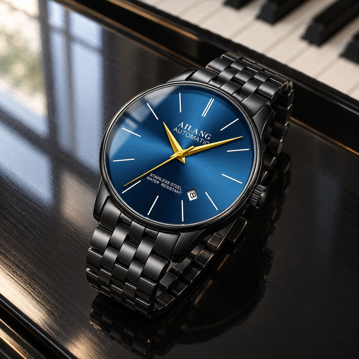 Montre Homme Squelette Luxe Acier – acier noir, cadran bleu