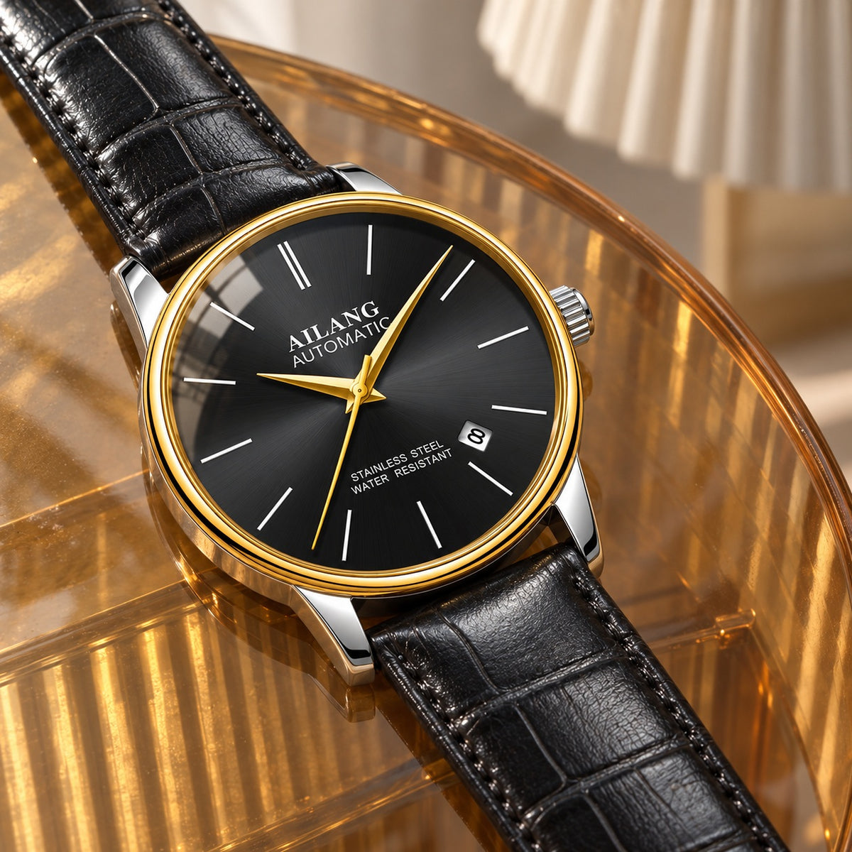 Montre Homme Squelette Luxe Acier – or, cadran noir, cuir noir