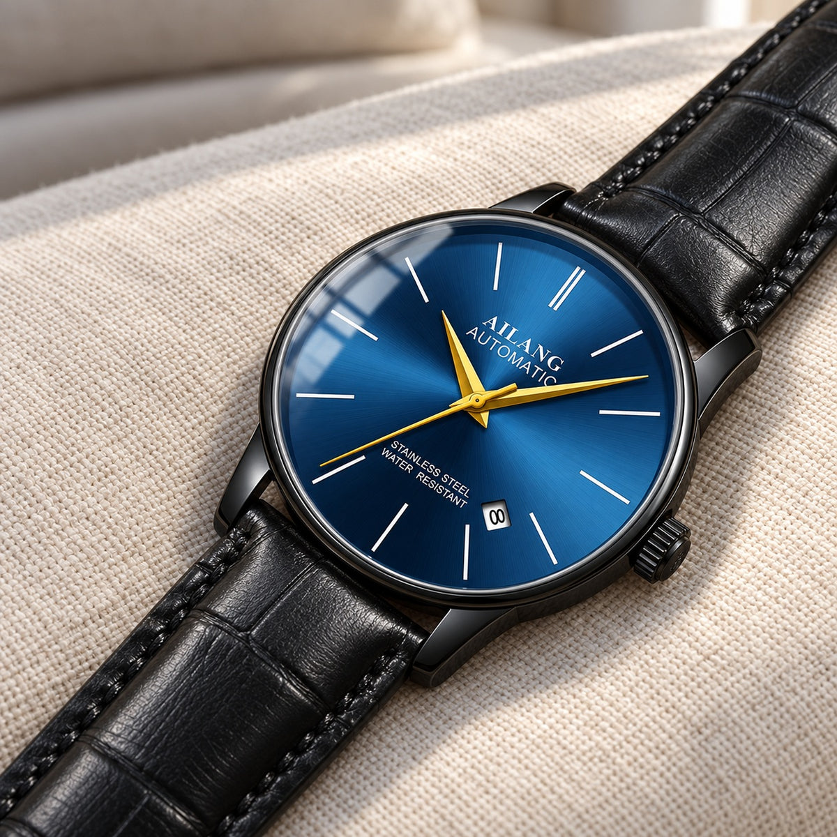 Montre Homme Squelette Luxe Acier – boîtier noir, cadran bleu, cuir noir