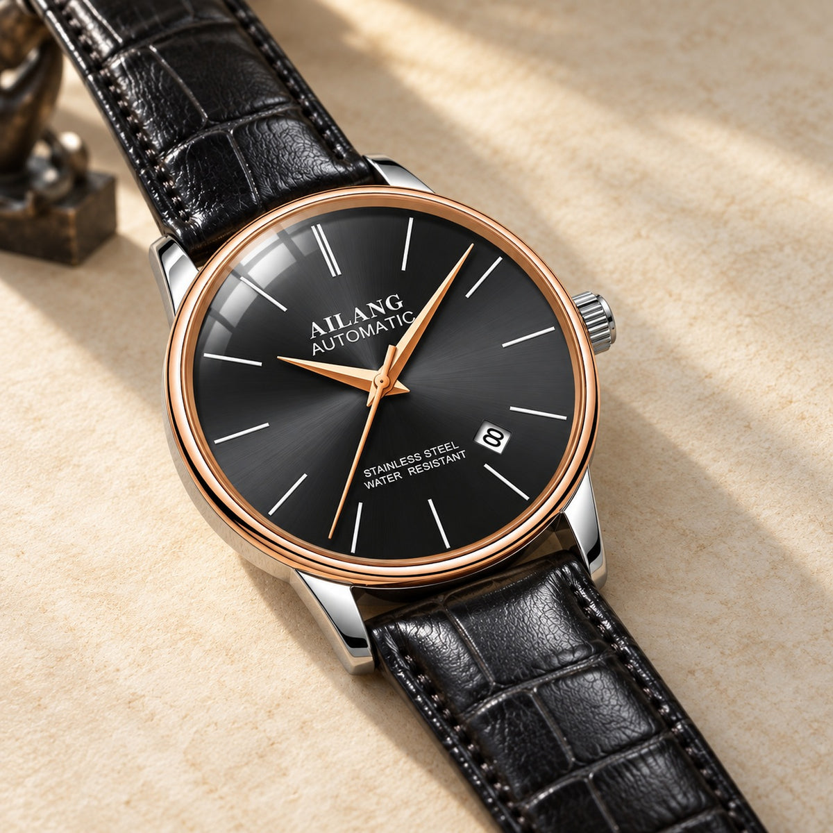 Montre Homme Squelette Luxe Acier – or rose, cadran noir, cuir noir