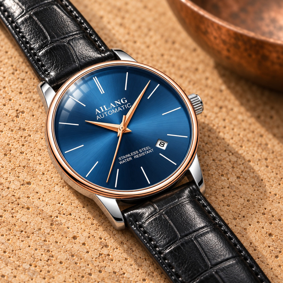 Montre Homme Squelette Luxe Acier – or rose, cadran bleu, cuir noir