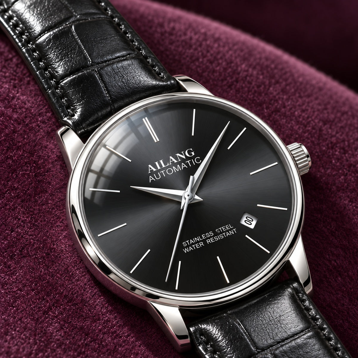 Montre Homme Squelette Luxe Acier – acier, cadran noir, cuir noir