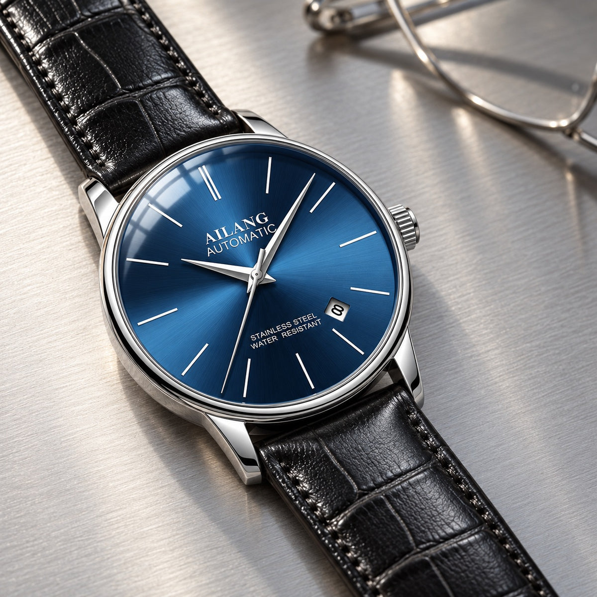 Montre Homme Squelette Luxe Acier – boîtier acier, cadran bleu, cuir noir