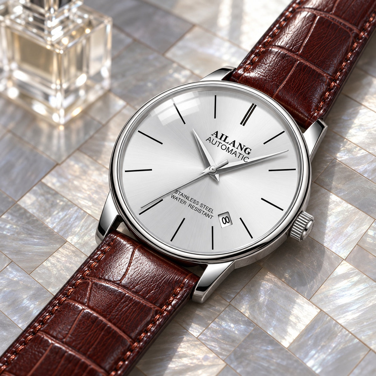 Montre Homme Squelette Luxe Acier – acier, cadran blanc, cuir marron