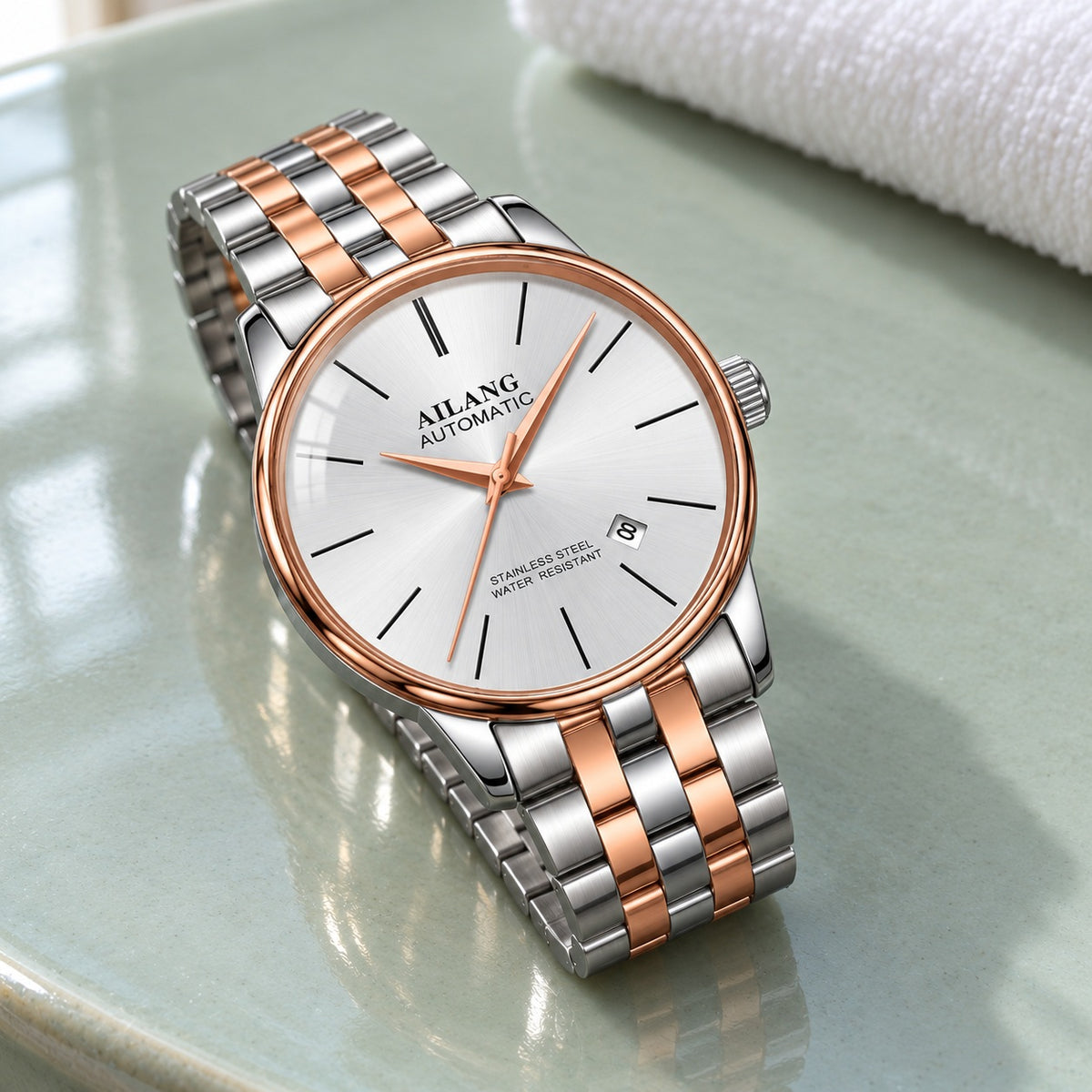 Montre Homme Squelette Luxe Acier – acier bicolore or rose, cadran blanc