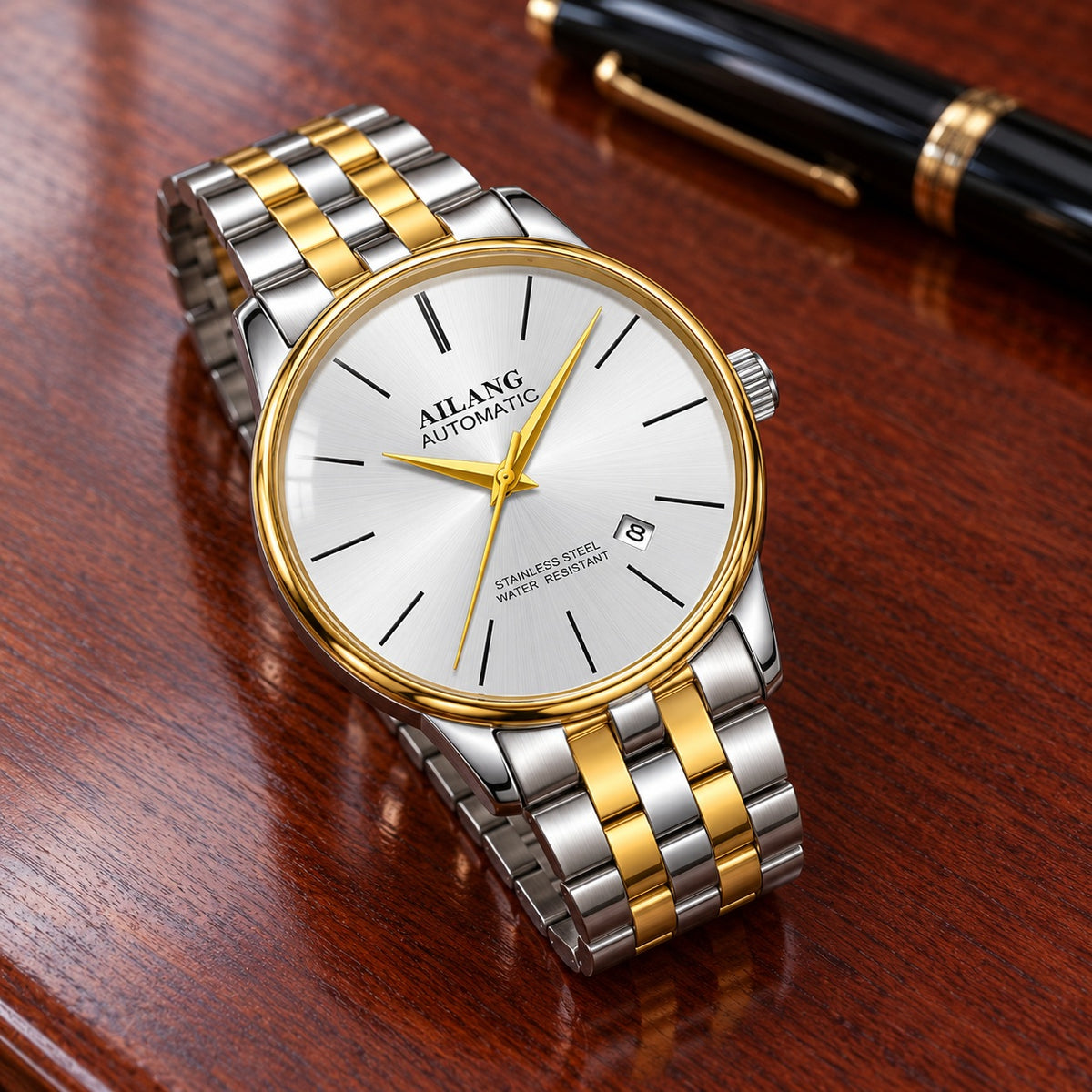 Montre Homme Squelette Luxe Acier – acier bicolore or jaune, cadran blanc