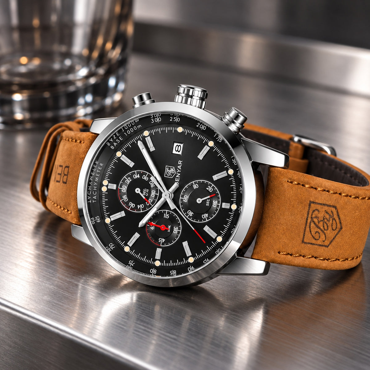 Montre Homme Chronographe Cuir Élégante – acier, cadran noir, cuir camel
