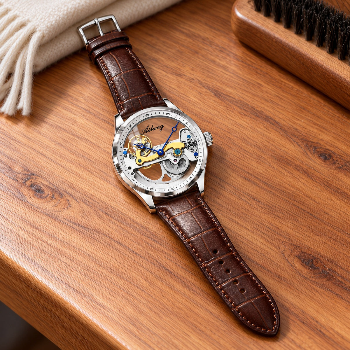 Montre Homme Squelette Transparente Cuir – boîtier argent, rehaut blanc, cuir marron