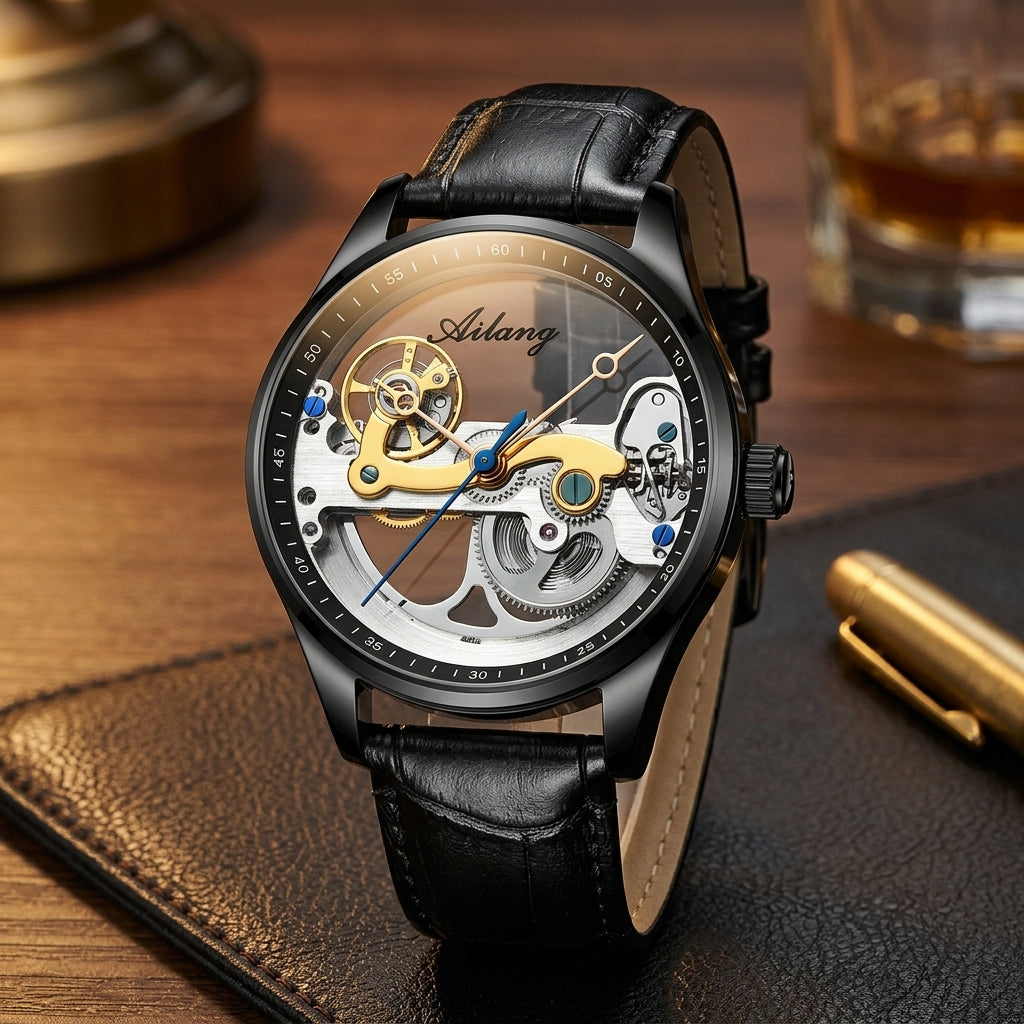 Montre Homme Squelette Transparente Cuir – boîtier noir, rehaut noir, cuir noir