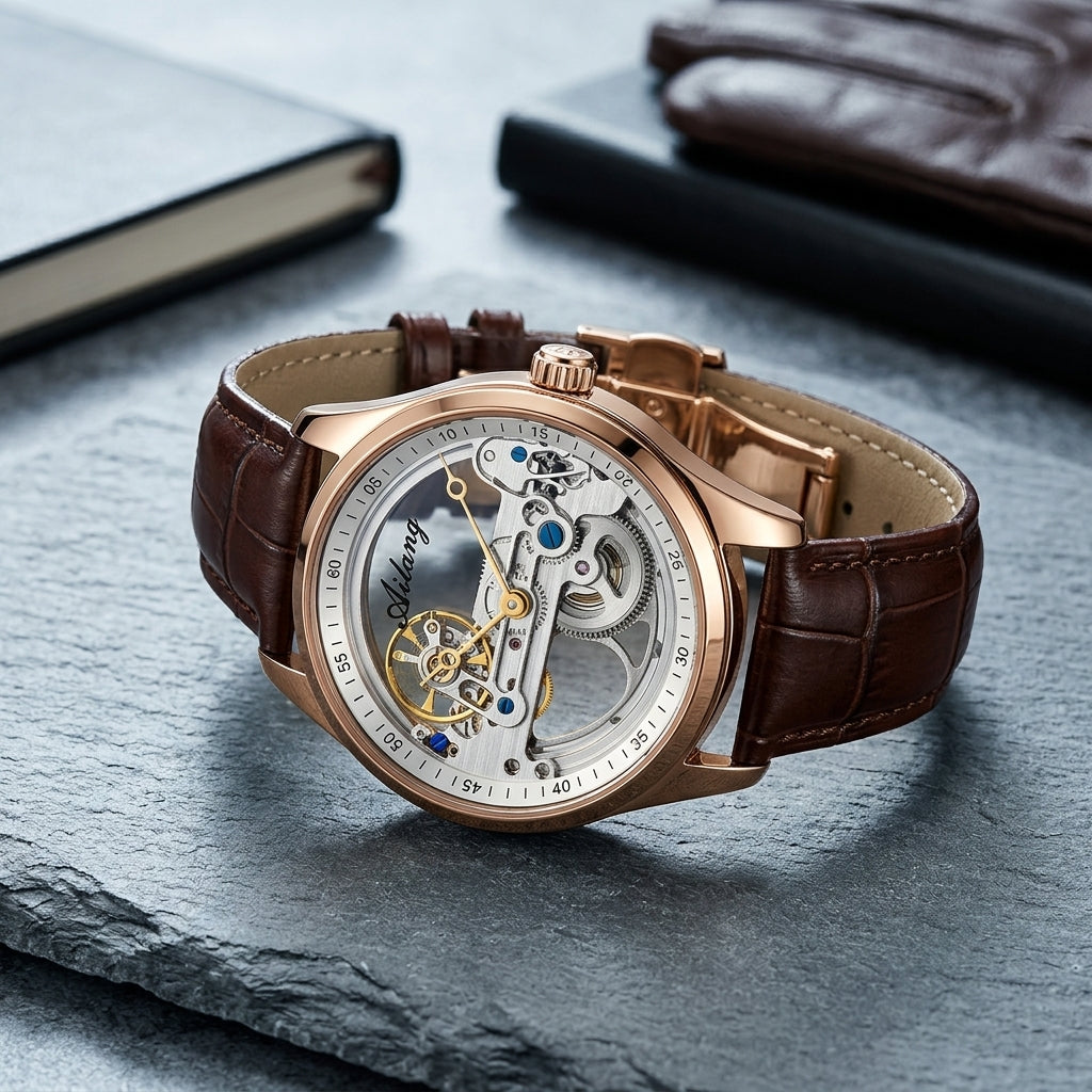 Montre Homme Squelette Transparente Cuir – boîtier or rose, rehaut blanc, cuir marron
