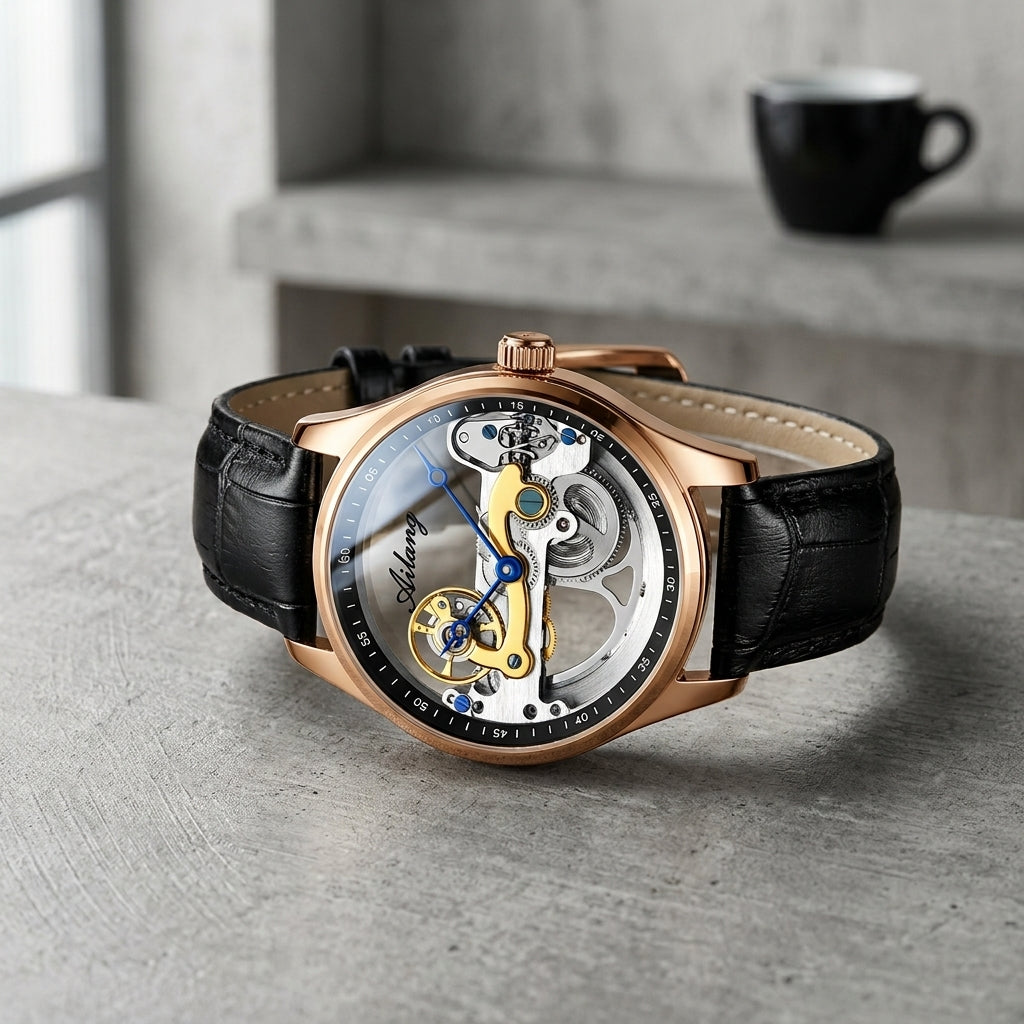 Montre Homme Squelette Transparente Cuir – boîtier or rose, rehaut noir, cuir noir