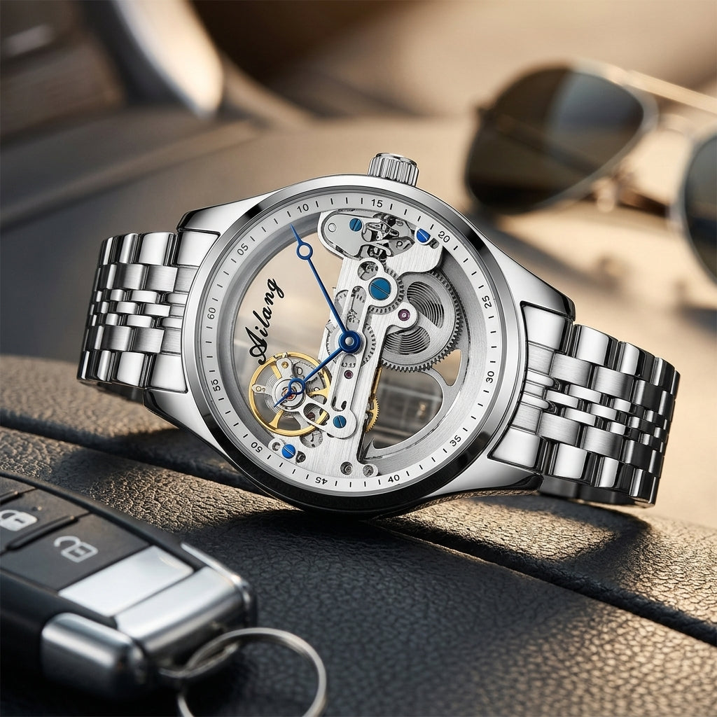 Montre Homme Squelette Transparente Cuir – boîtier argent, rehaut blanc, bracelet acier argent