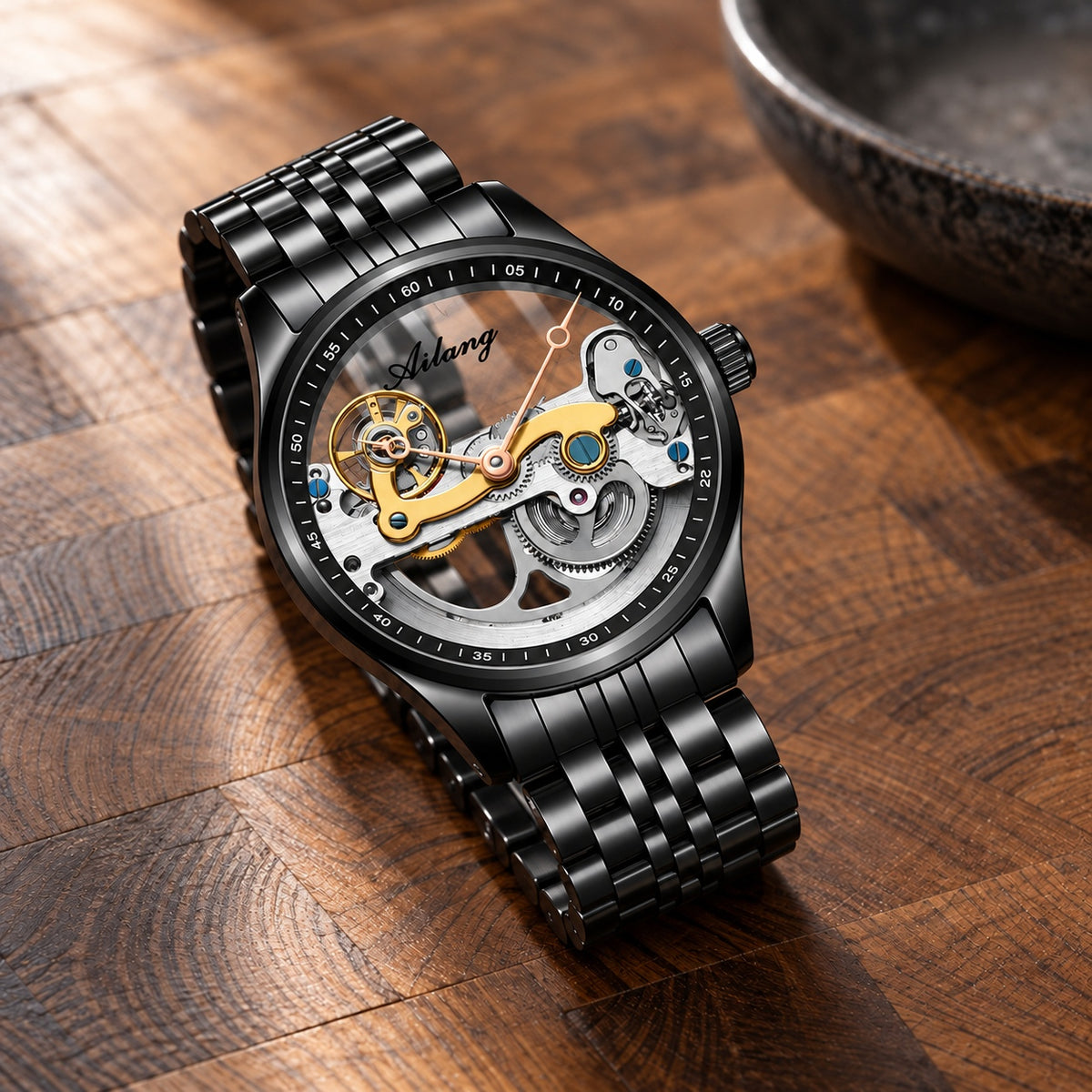 Montre Homme Squelette Transparente Cuir – boîtier noir, rehaut noir, bracelet acier noir