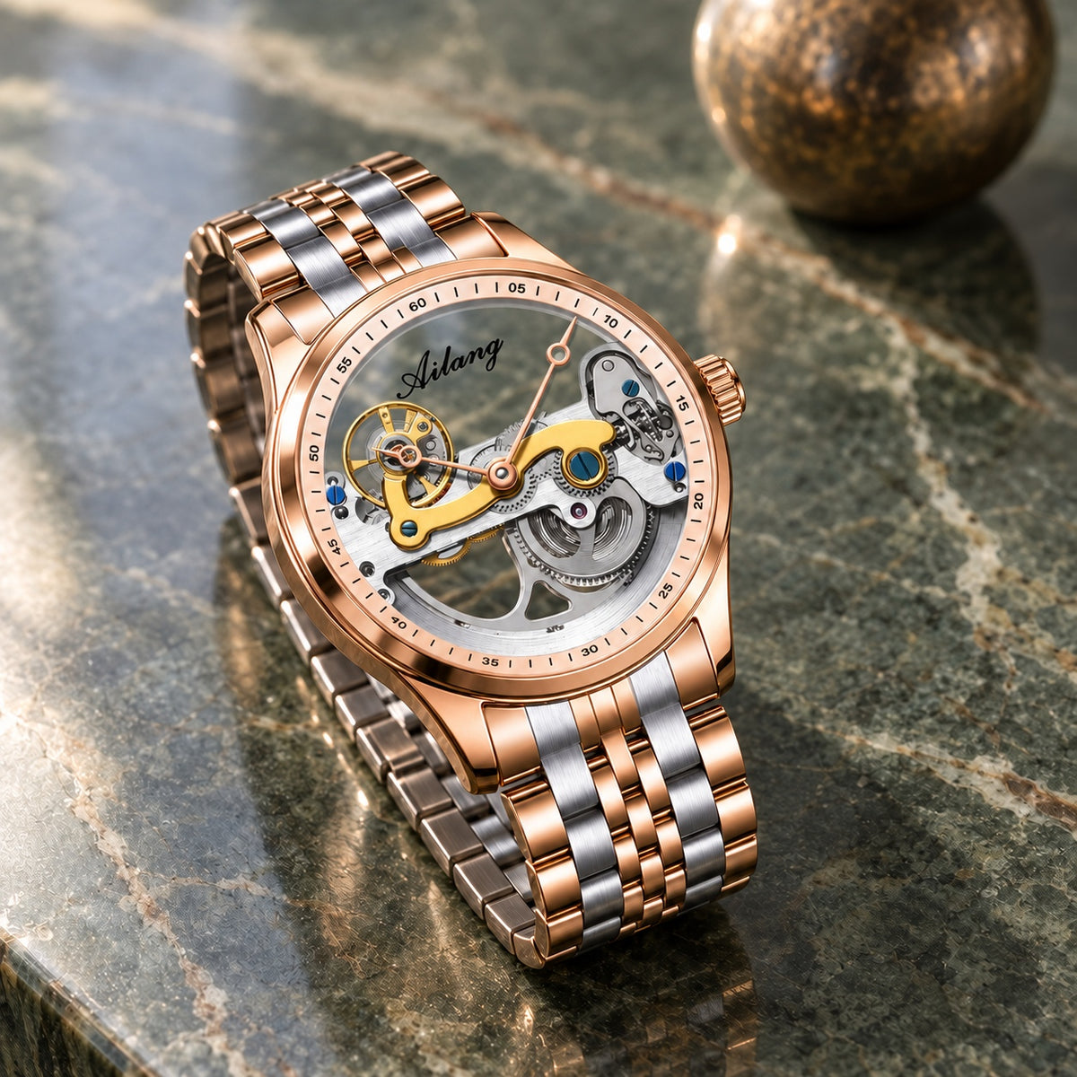 Montre Homme Squelette Transparente Cuir – boîtier or rose, rehaut blanc, bracelet acier or rose