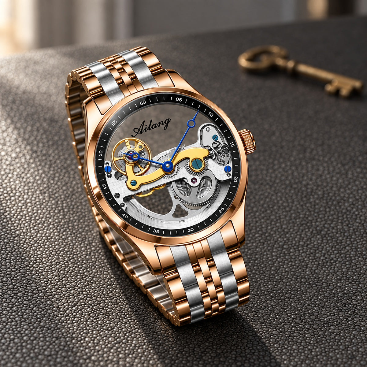 Montre Homme Squelette Transparente Cuir – boîtier or rose, rehaut noir, bracelet acier or rose