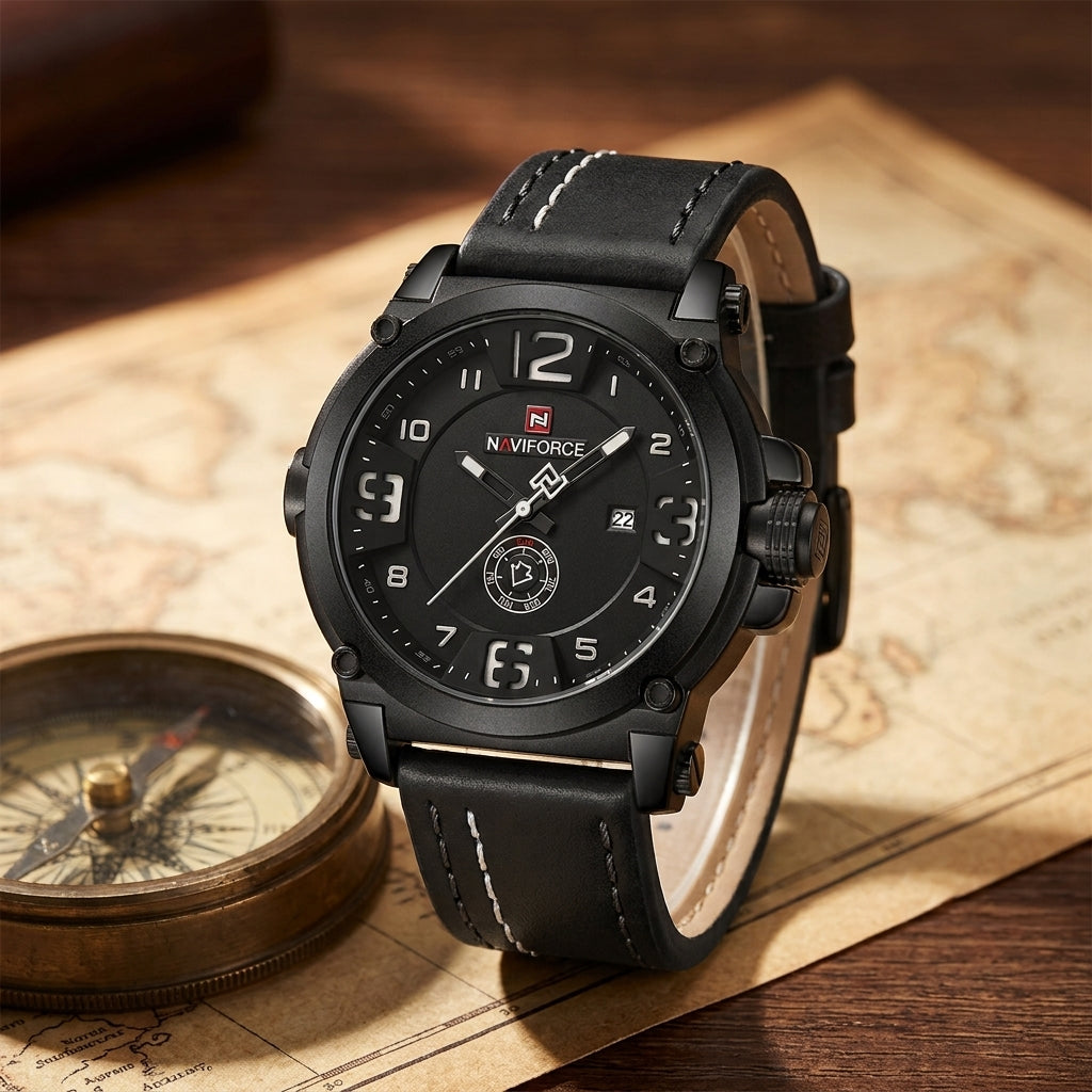 Montre Homme Sport Militaire Cuir – boîtier noir, cadran noir chiffres blancs, cuir noir surpiqûres blanches
