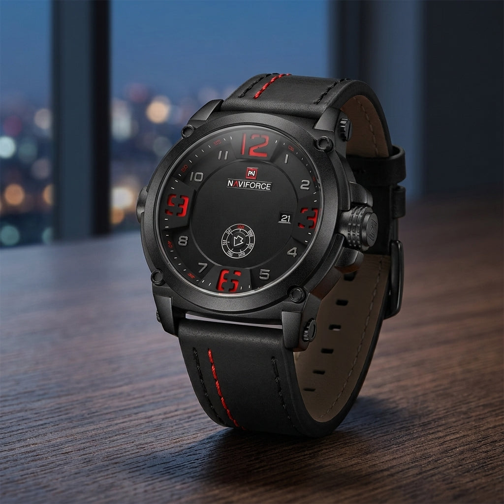 Montre Homme Sport Militaire Cuir – boîtier noir, chiffres rouges, cuir noir surpiqûres rouges