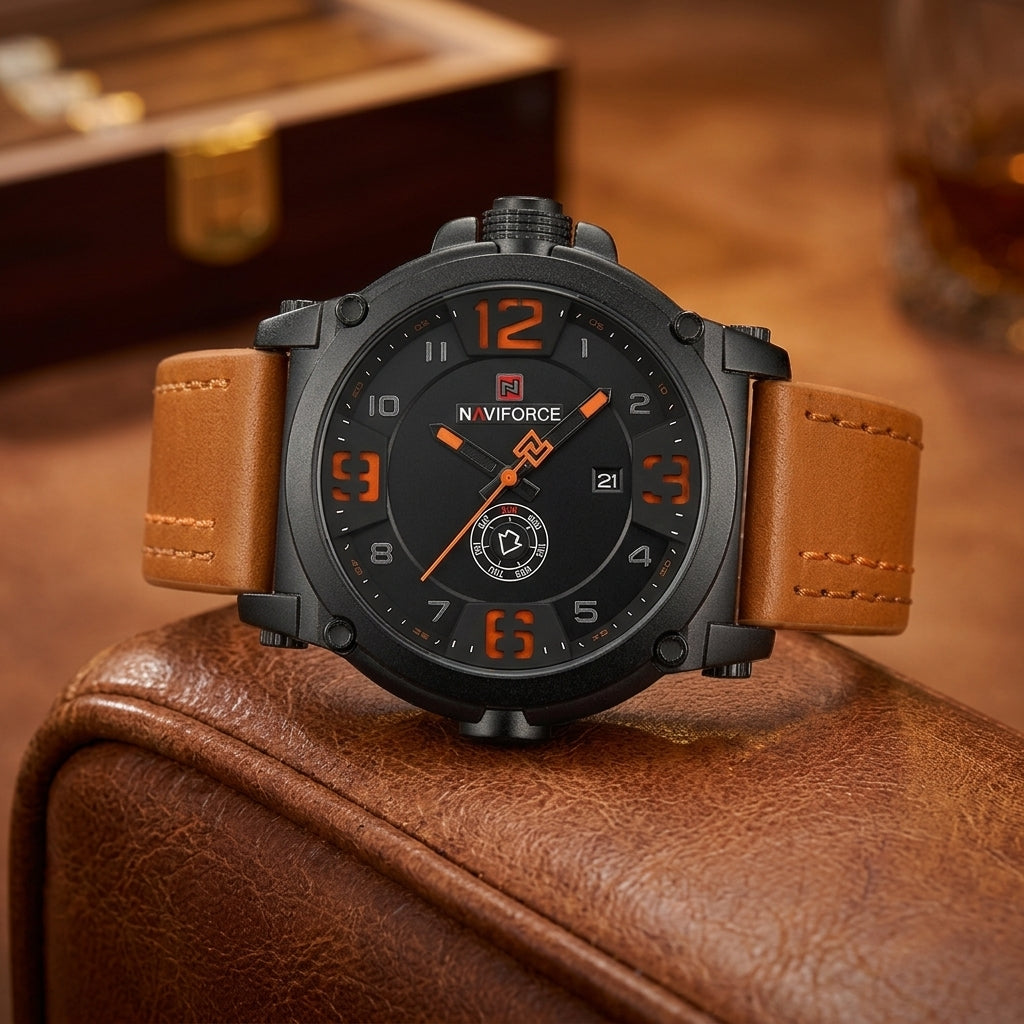Montre Homme Sport Militaire Cuir – boîtier noir, chiffres orangés, cuir camel clair