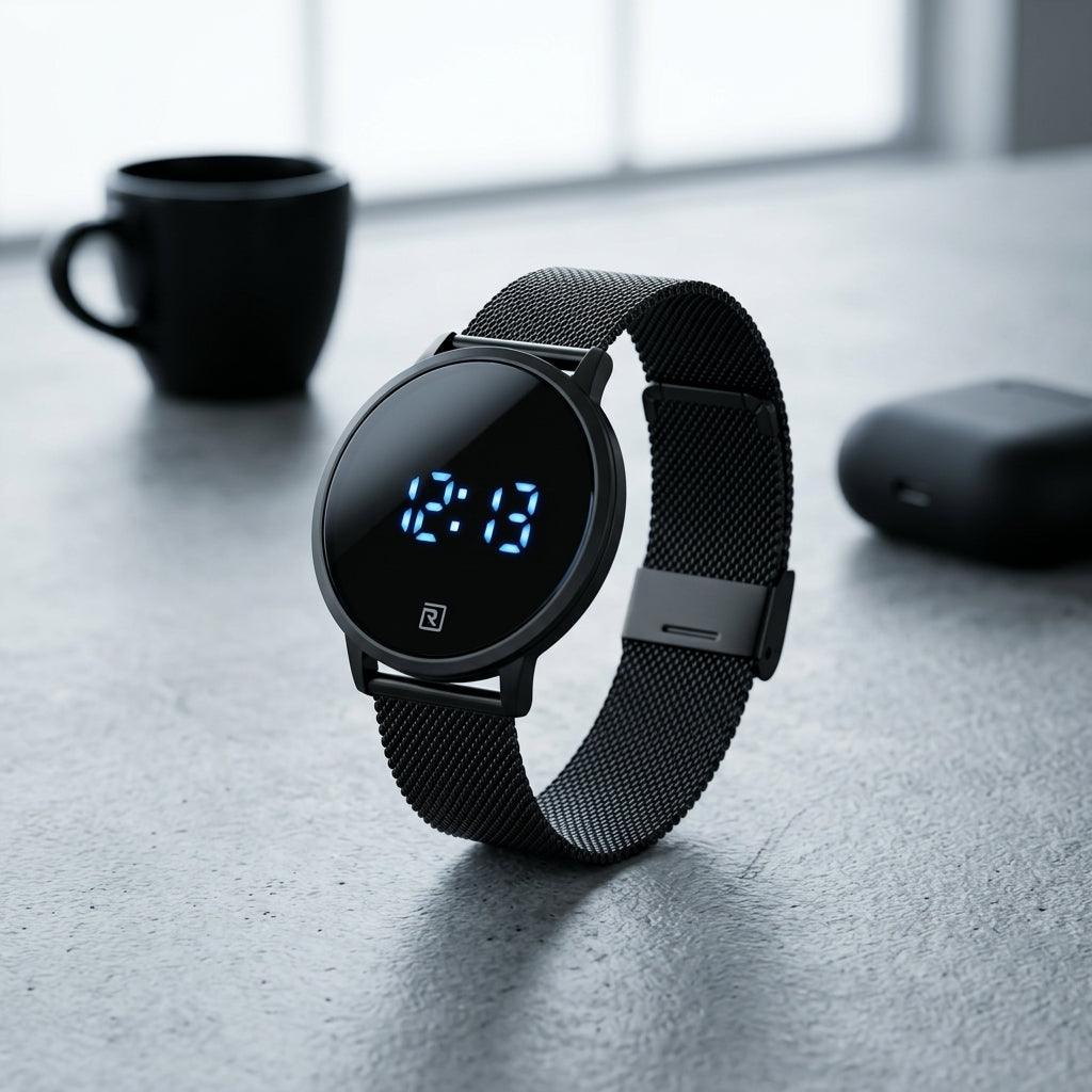 Montre LED Tactile Minimaliste – noir mat, maille milanaise noire