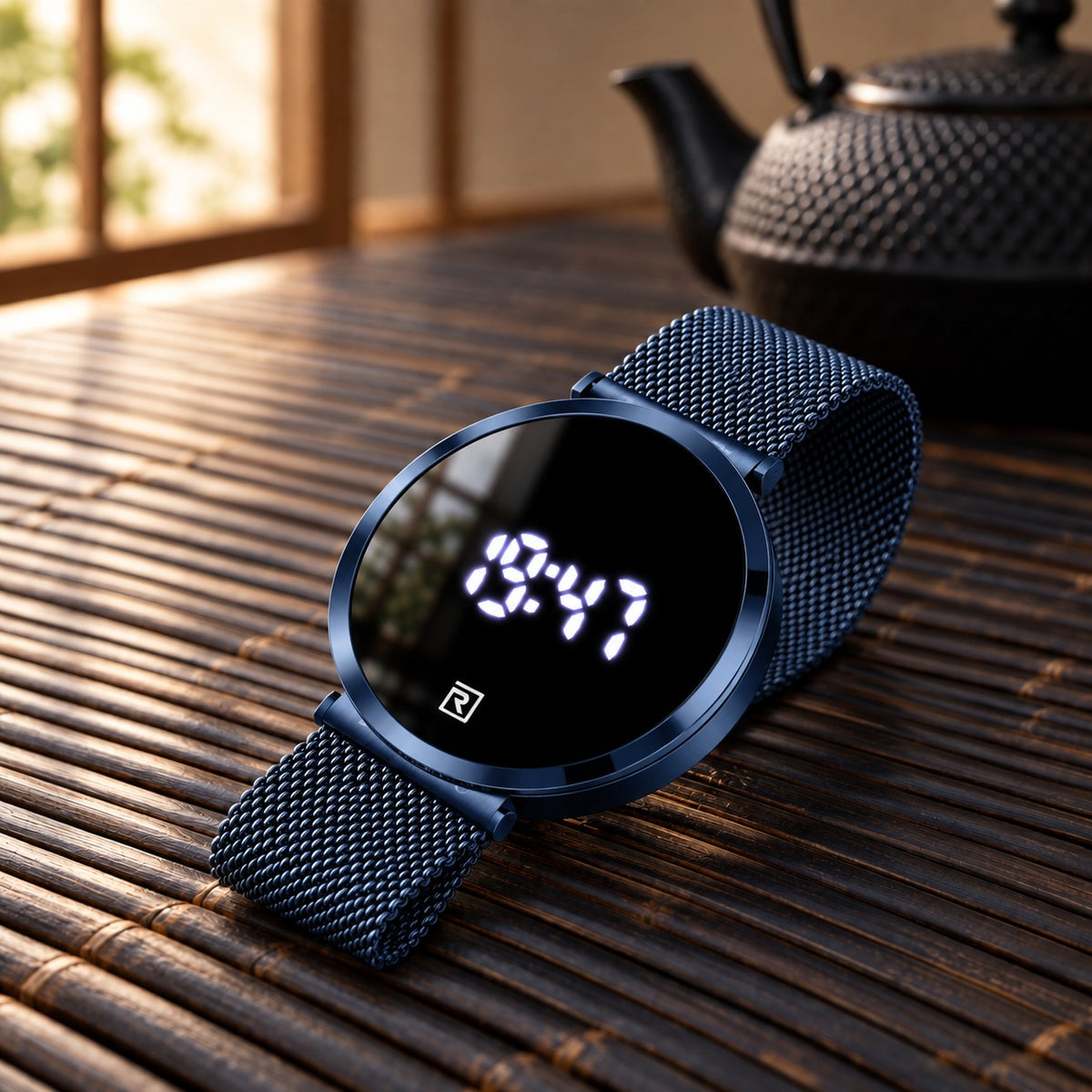 Montre LED Tactile Minimaliste – bleu nuit, maille milanaise bleue