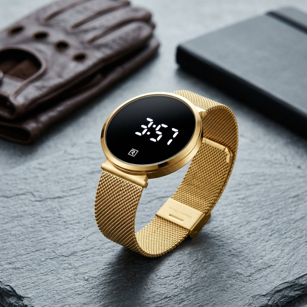 Montre LED Tactile Minimaliste – or jaune, maille milanaise dorée