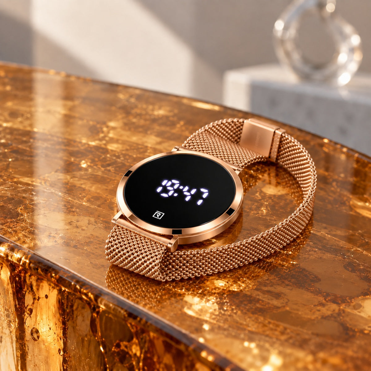 Montre LED Tactile Minimaliste – or rose, maille milanaise or rose