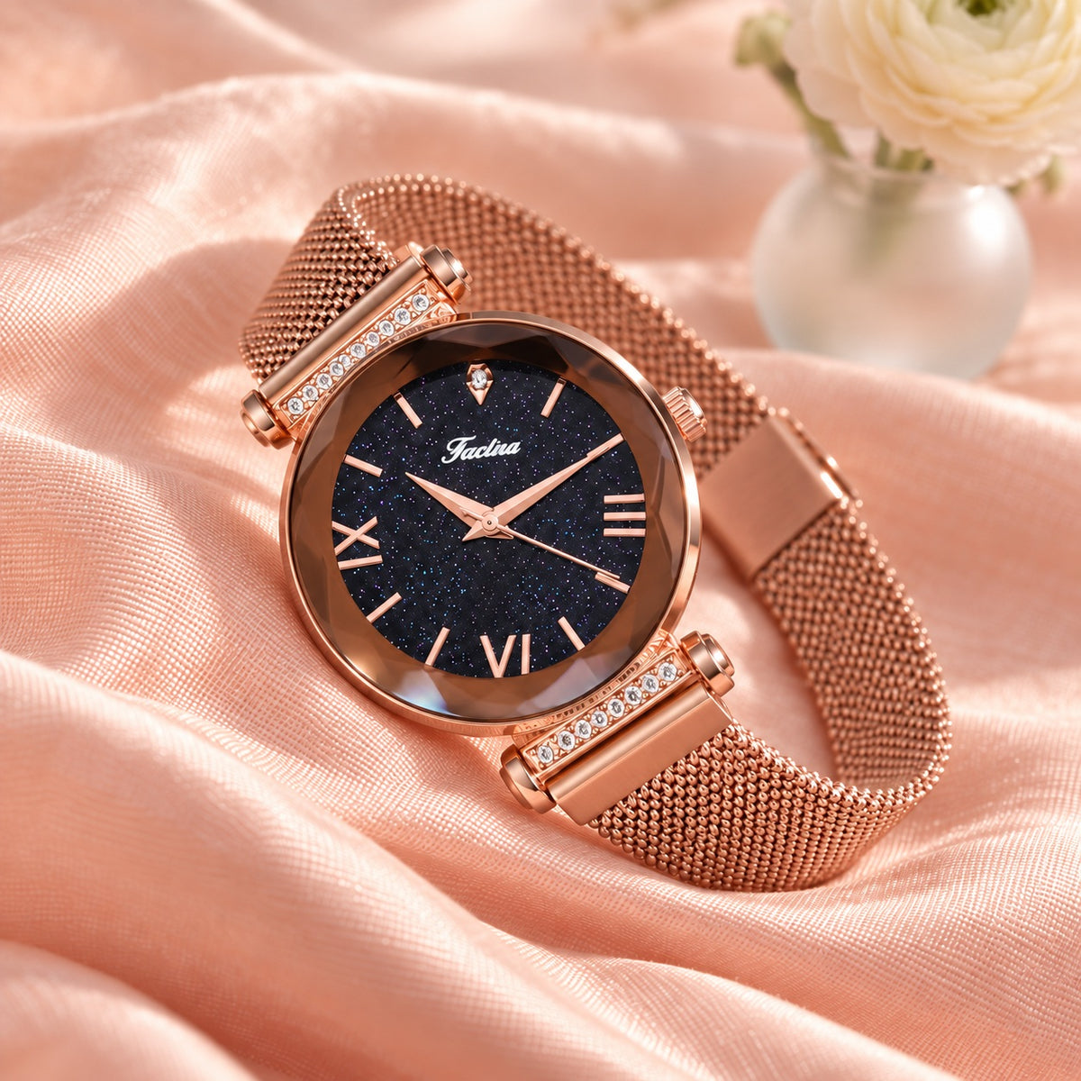 Montre Ciel Étoilé Bracelet Aimanté – boîtier et maille or rose, cadran noir étoilé