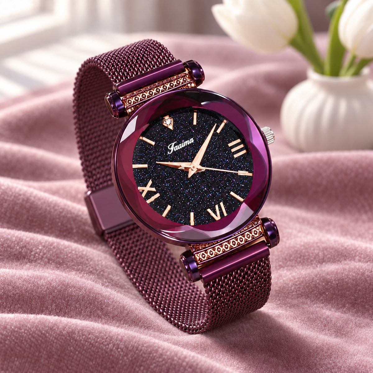Montre Ciel Étoilé Bracelet Aimanté – boîtier et maille violets, cadran violet/noir étoilé
